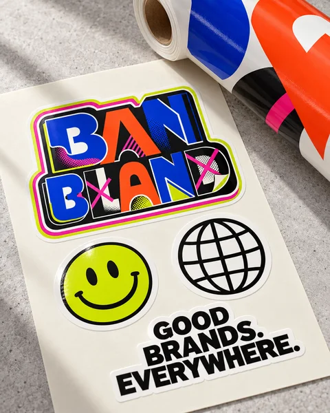 Illustrative Ban Bland stickers and printed graphics