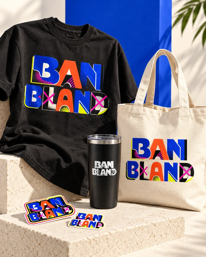 Illustrative Ban Bland apparel, tumbler, tote, and sticker concepts